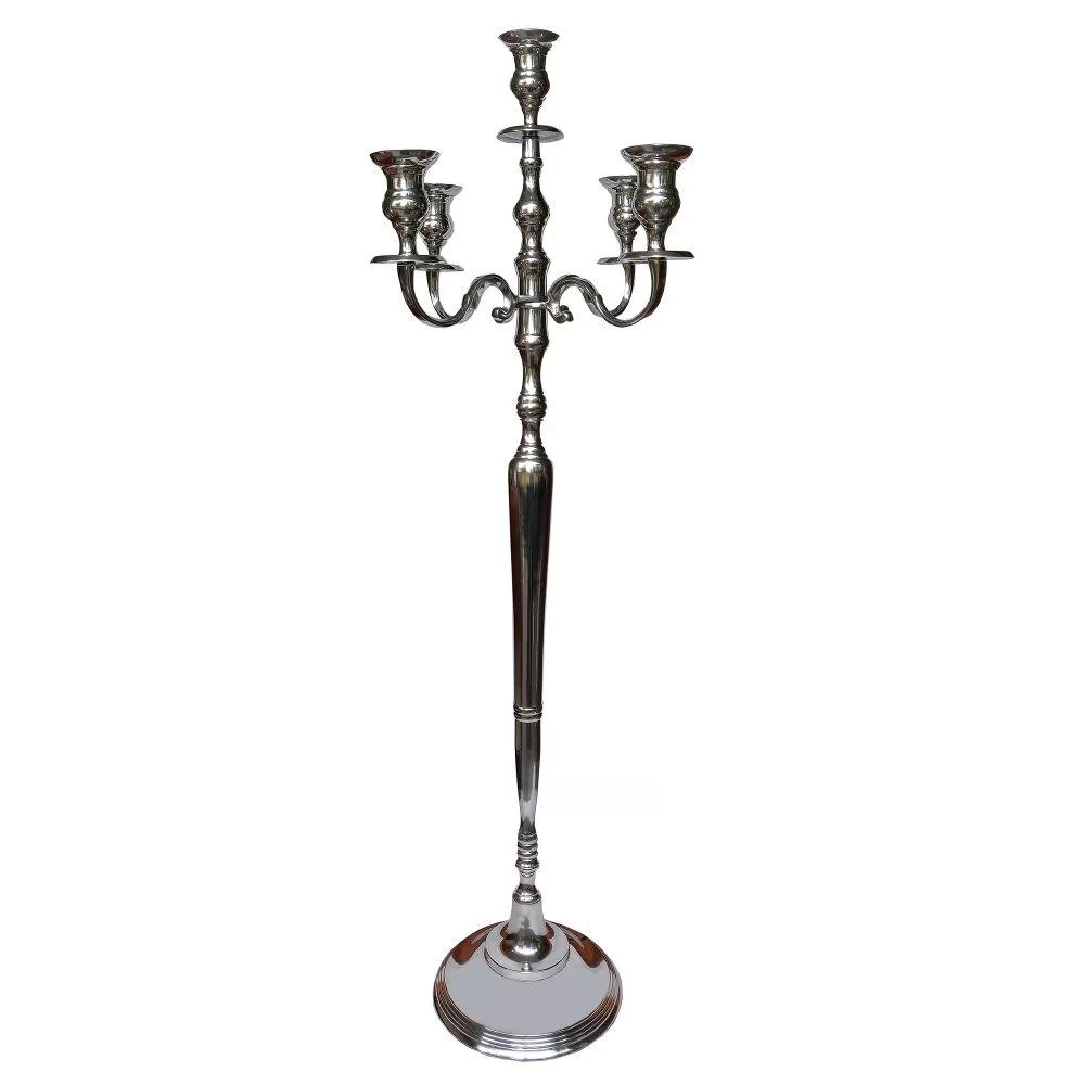 Benjara 48 Inches Silver Handcrafted 5 Arms Aluminum Candelabra Fluted Top
