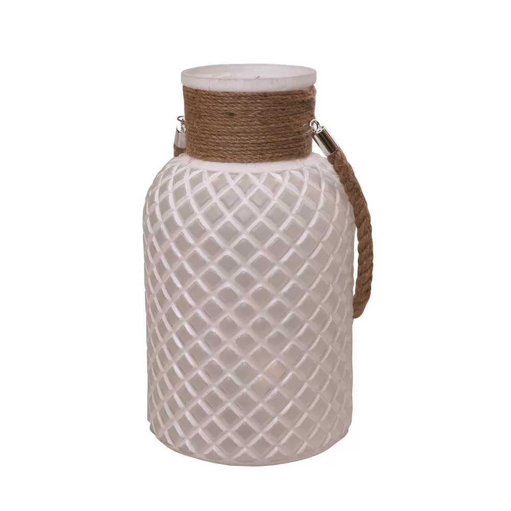 Northlight 12.25 . White Diamond Texture Decorative Glass Pillar Candle Holder Lantern Handle