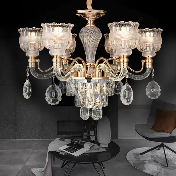 7-Bulb Lucid Crystal Chandelier Lighting Fixture Rural Gold Scalloped Bowl Dining Room Hanging Pendant