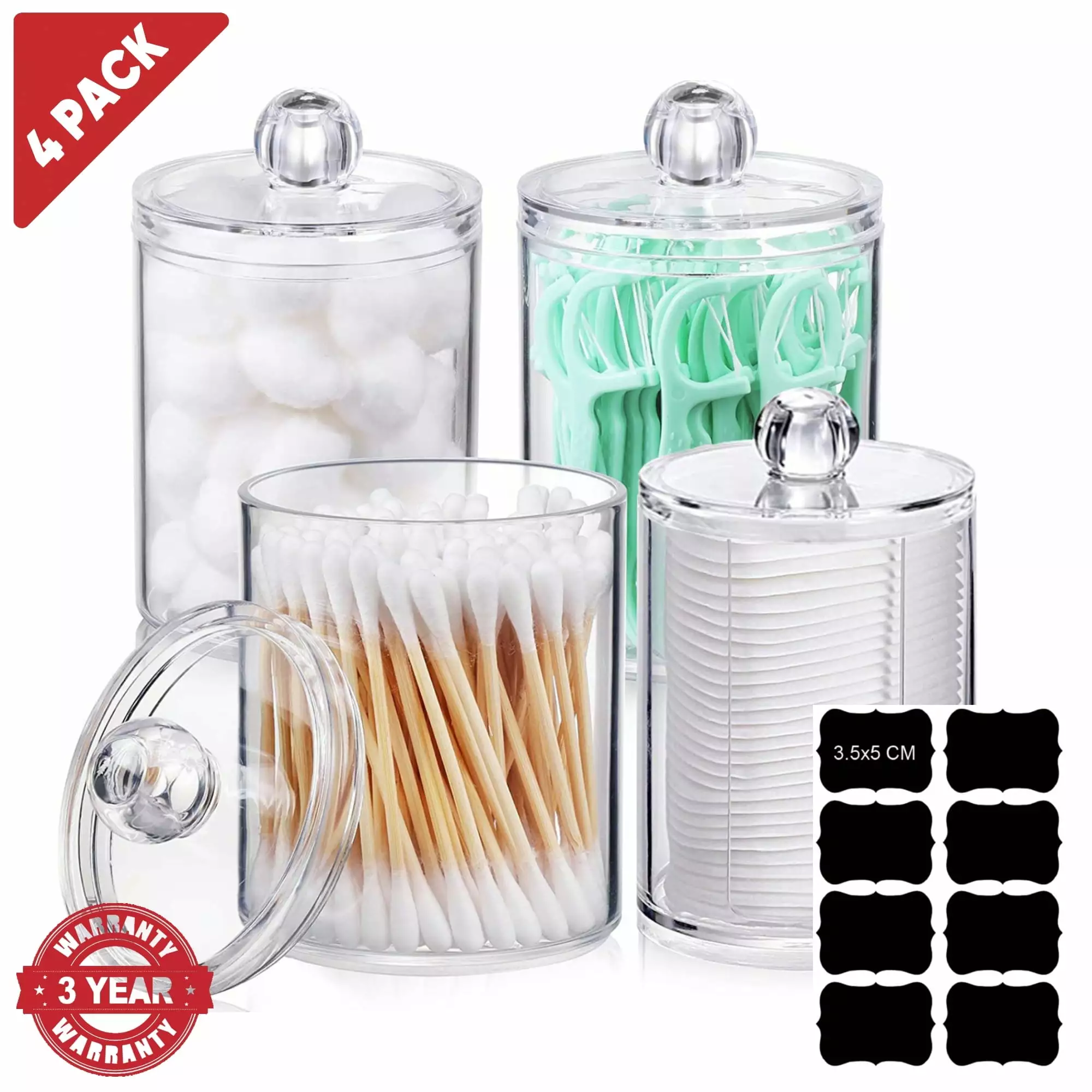 Vanity Jar Storage Set 4 Pack Clear Plastic Apothecary Canisters Lids Cotton Balls Qtips PortableOut