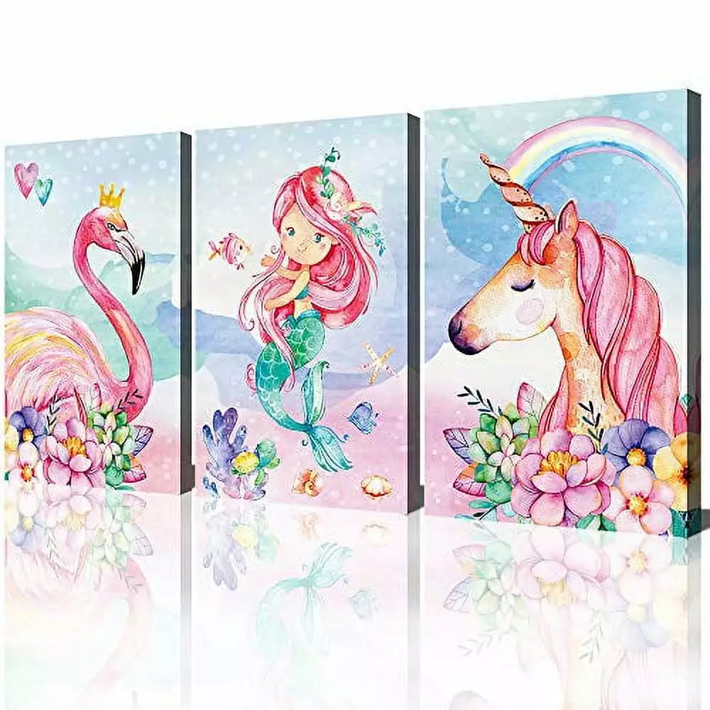 Unicorn Wall Decor Pink Girls Room Bedroom Bathroom Art 3 Piece Canvas Print Set CANVASZON