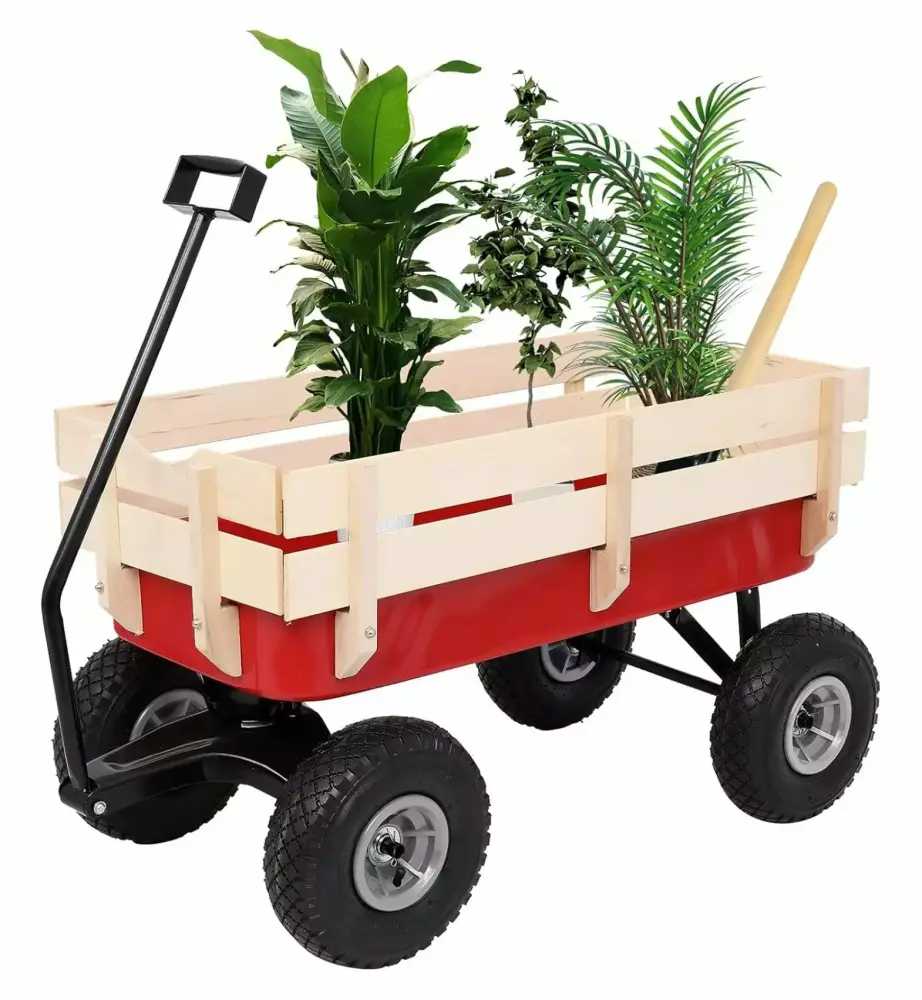 Homehours Outdoor All-Cargo Wagon 10 Air Tires Steel Structure Wooden Side Support Wagon Kids Garden and Cargo Red 33
