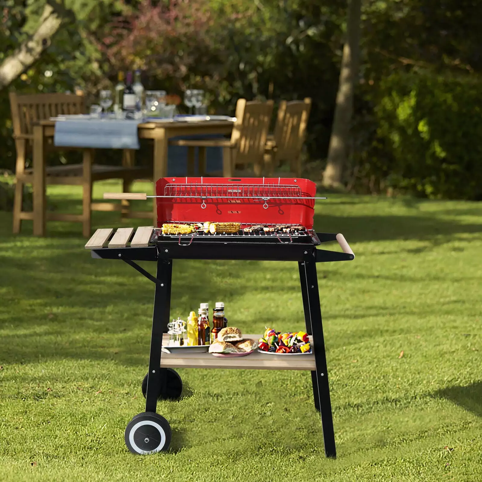 Charcoal Grill 2 Wheels and Wooden Shelf Outdoor Patio Backyard Grilling UN BRAND