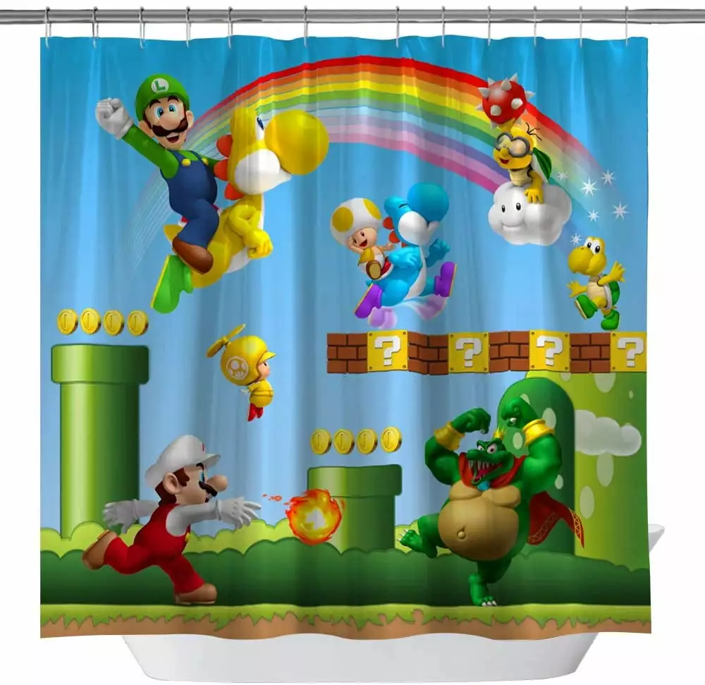Super Mario 3D Print Shower Curtain Kids Boys Blue Cartoon Fabric Bathroom Decor Cleaning Supply