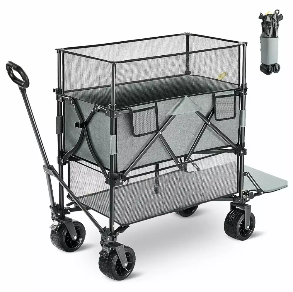 Double Decker Wagon Collapsible 510L Heavy Duty Foldable Wagon Big Wheels Camping Beach and Outdoor