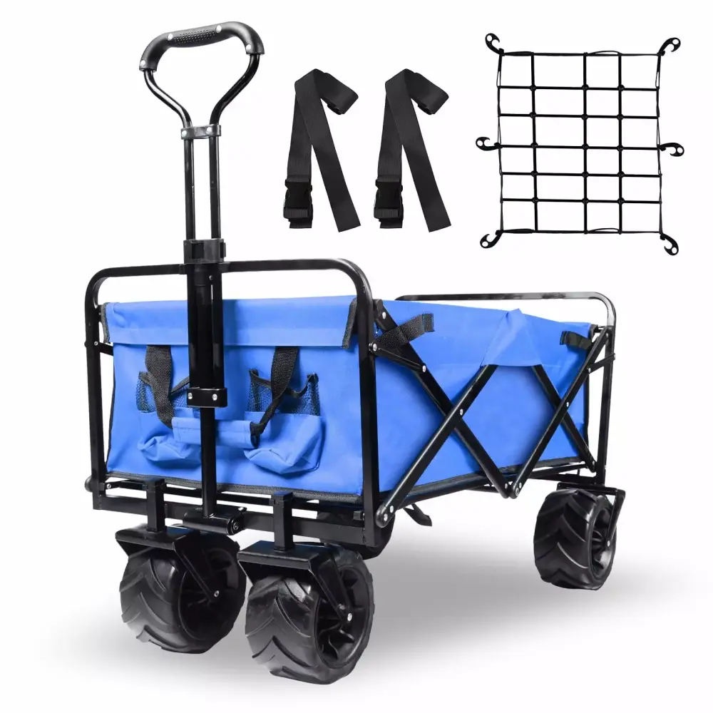 Collapsible Heavy Duty Blue Beach Wagon Cart Universal Wheels and Adjustable Handle Outdoor Camping and Garden