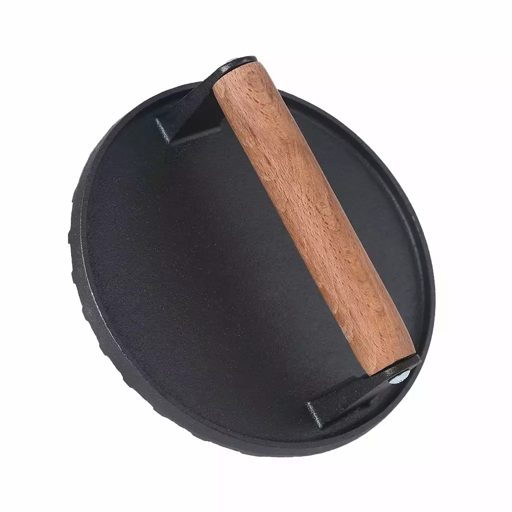 1 Piece Cast Iron Grill Press Steak Weight Bacon Press Wood Handle Hamburger Sausage Panini Meat Press Round Shaped KIMWEE