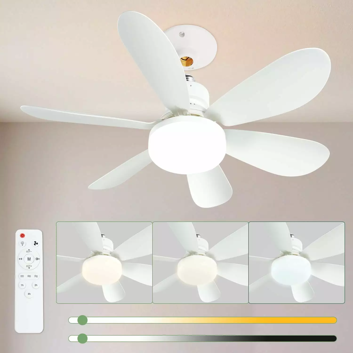 E27 Ceiling Fan Light 3 Color Dimmable LED 2000 Lumens Silent Fan Bulb 20.5 Inch 6 Blades All Rooms FTLLI