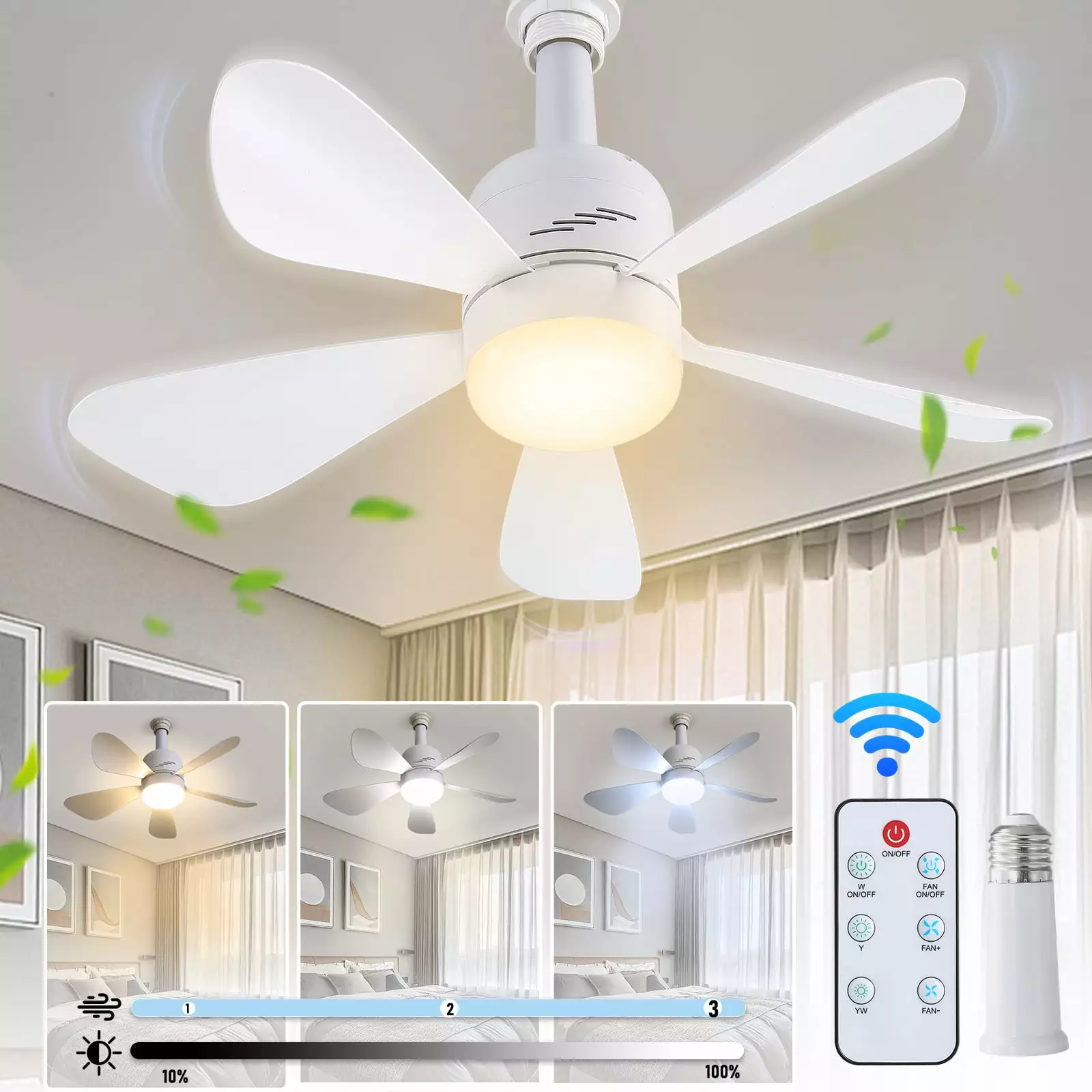 JOPESO 19in Ceiling Fan Light Remote 3 Speeds 3 Colors Dimmable LED Socket Fan All Locations