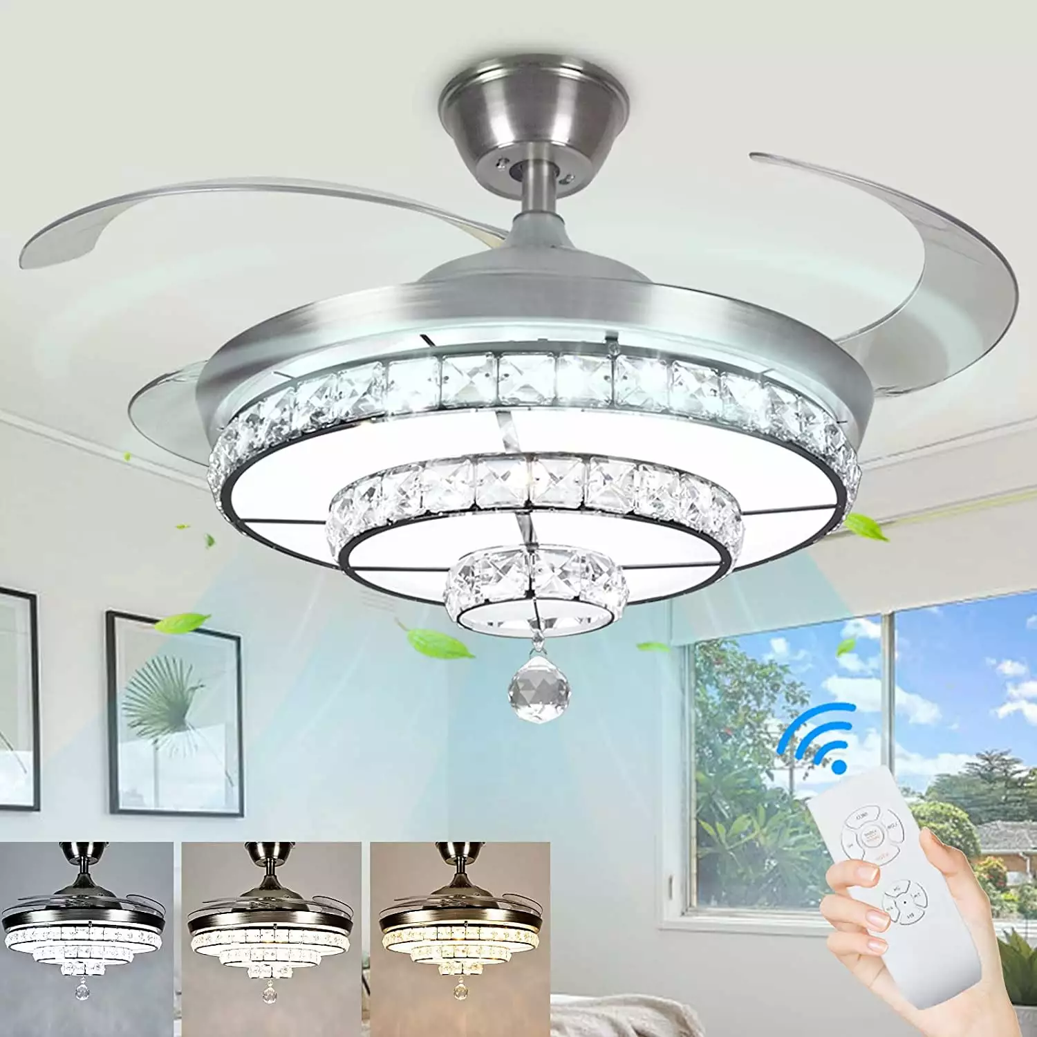DingLiLighting Crystal Ceiling Fan Light and Remote Color Changeable 3-Blade Silver LED Invisible Ceiling Fan Chandelier B...