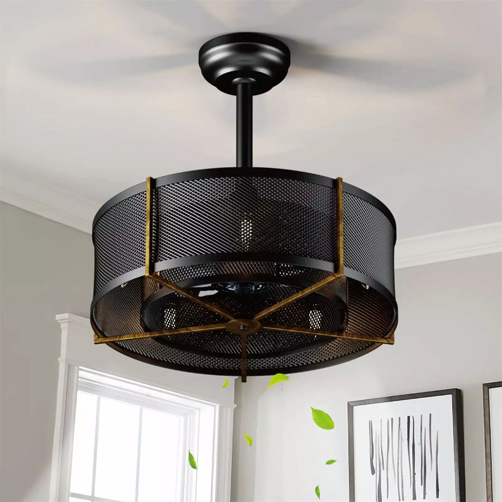 Surnie Mesh Caged Ceiling Fan Light Black Bedroom Living Room