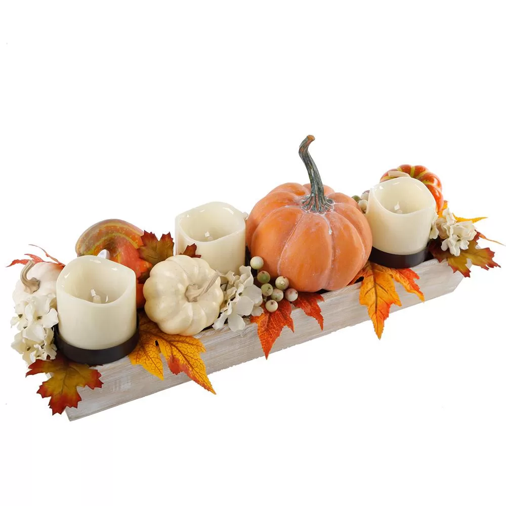 Flora Bunda 23 Inch Fall Harvest Wood Ledge Pumpkin Arrangement Centerpiece
