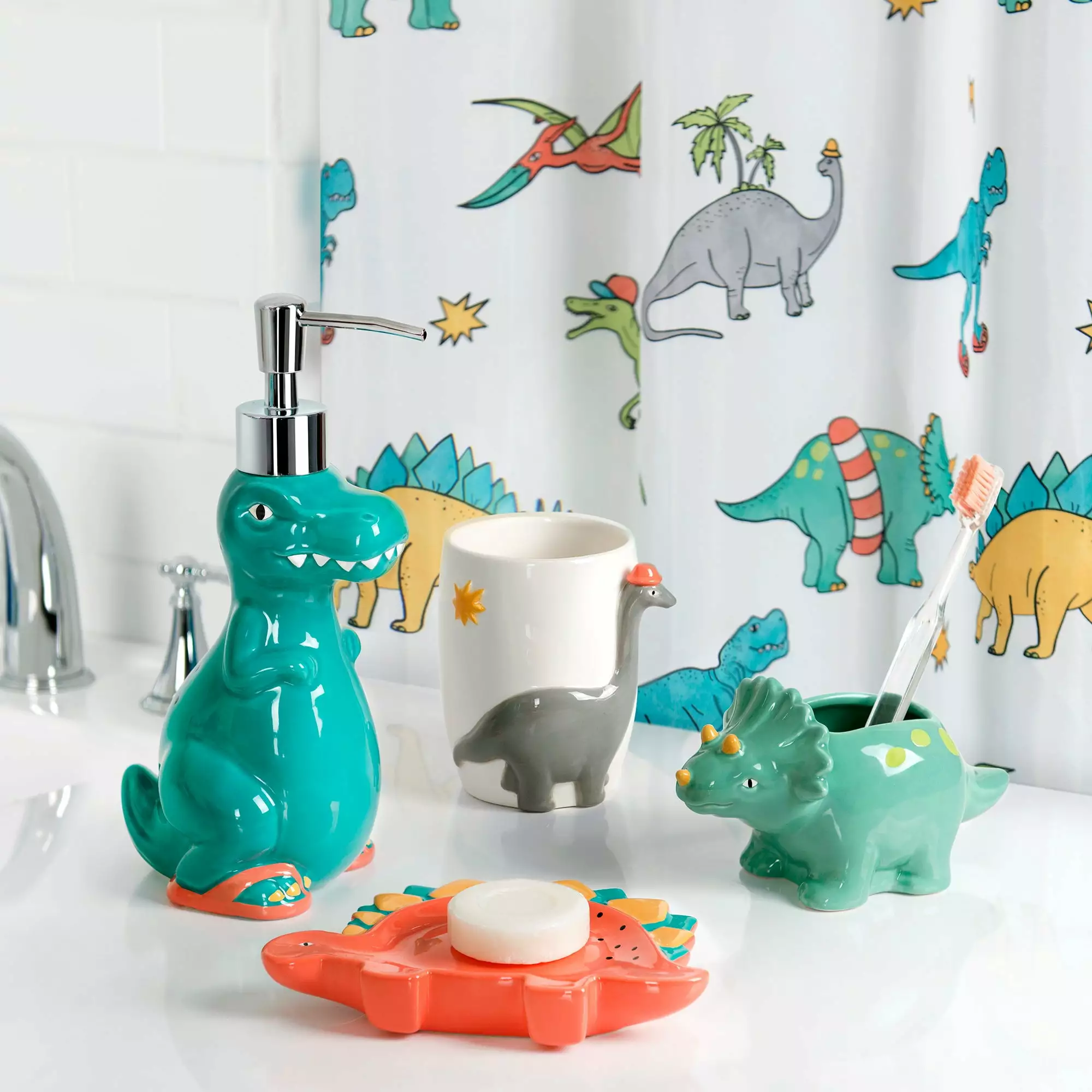 Dinosaur 4-Piece Ceramic Bathroom Accessory Set Toothbrush Holder Soap Dispenser Cup Tumbler Kids Dinosaur Theme Decor All...