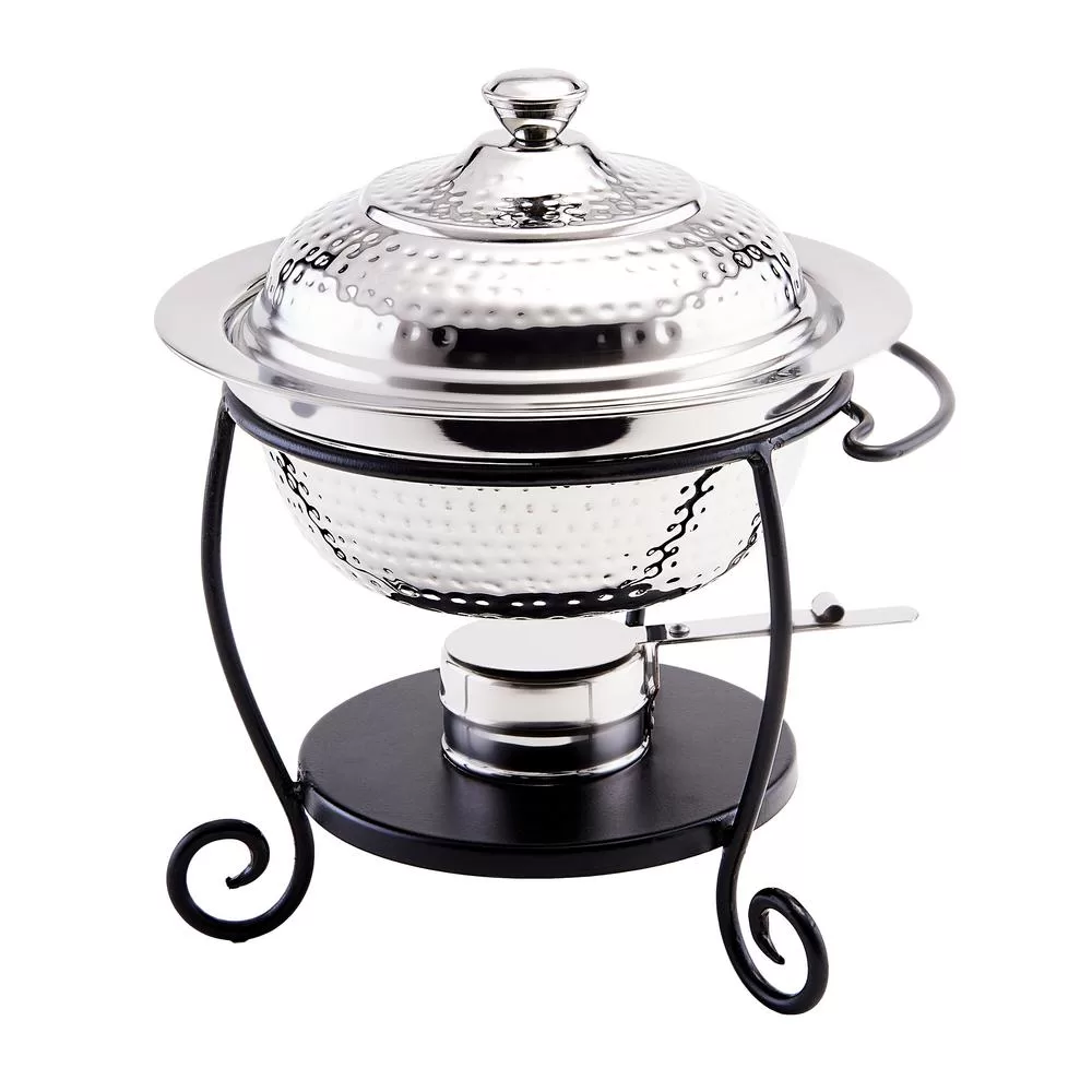 Old Dutch 10 . x 10-1/2 . x 12 . Round Hammered Stainless Steel Chafing Dish Black Iron Stand 1-3/4 Qt.