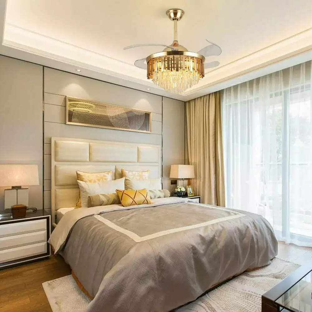 DENEST 42 Inch Gold Crystal LED Chandelier Invisible Ceiling Fan and Remote Control