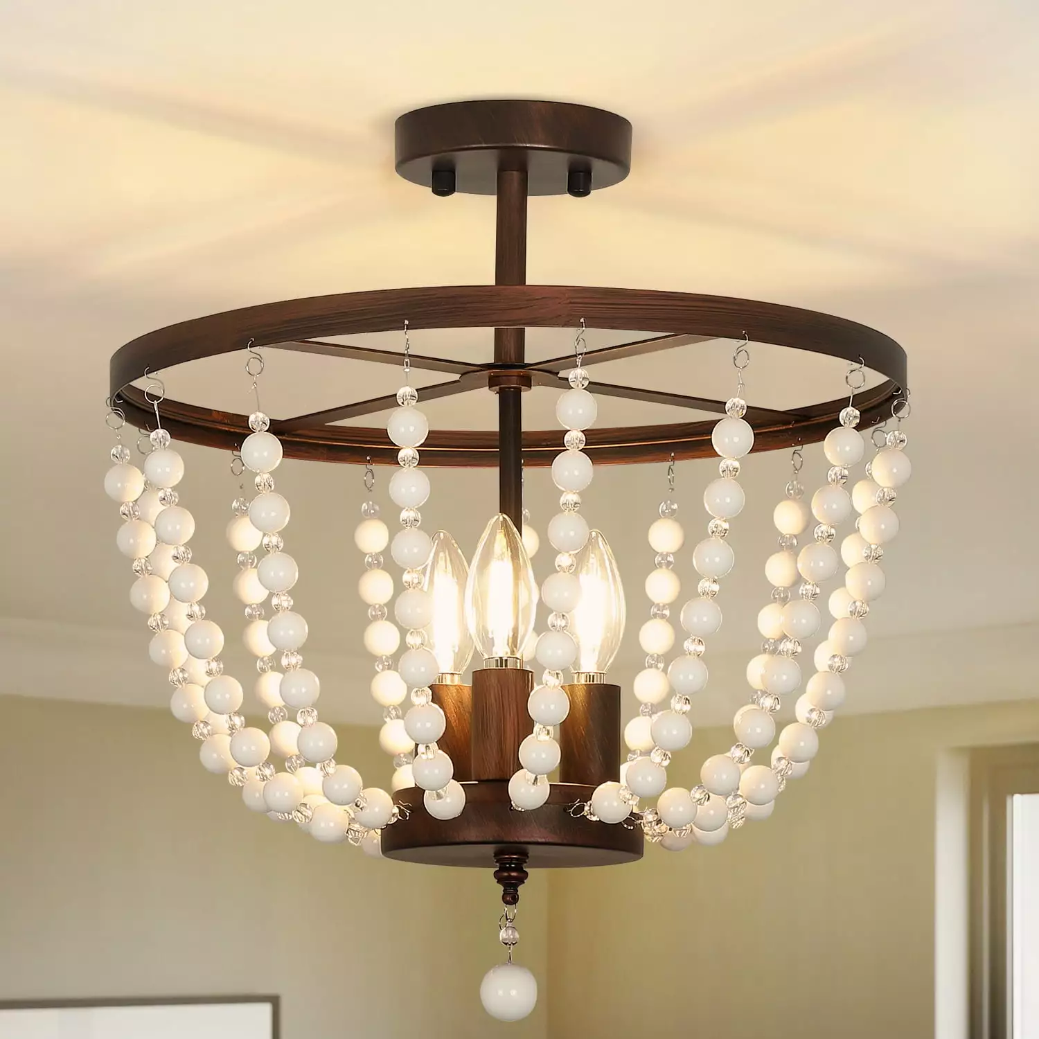 Depuley Semi Flush Mount Beaded Chandelier Boho Nursery Ceiling Light Fixture Rustic 3 Light Farmhouse Pendant Light Livin...