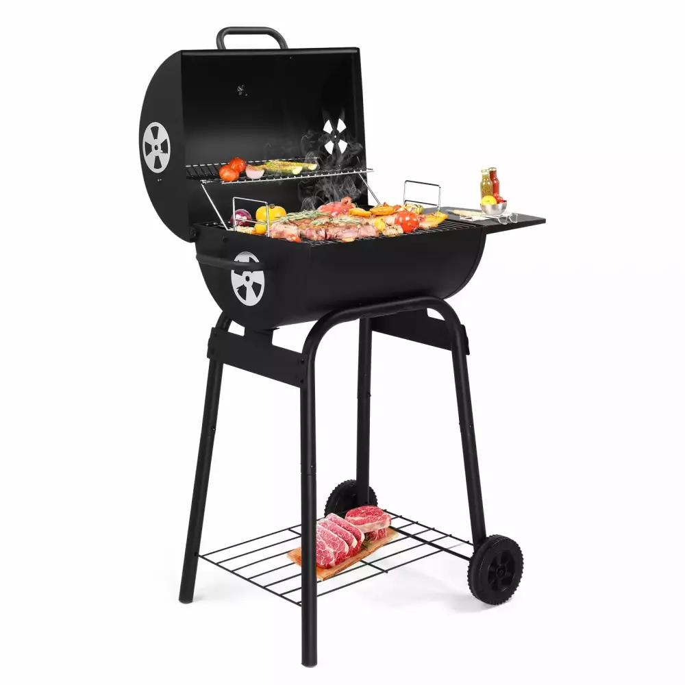 40-Inch Outdoor Charcoal Grill Side Table and Wheels Travel-Friendly BBQ Smoker