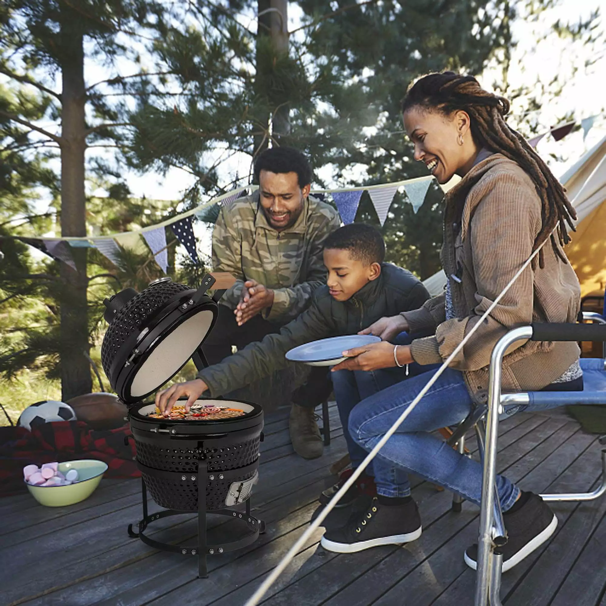 FOCUSSEXY 13 Inch Heavy Duty Ceramic Charcoal BBQ Grill Stainless Steel Grate and Thermometer