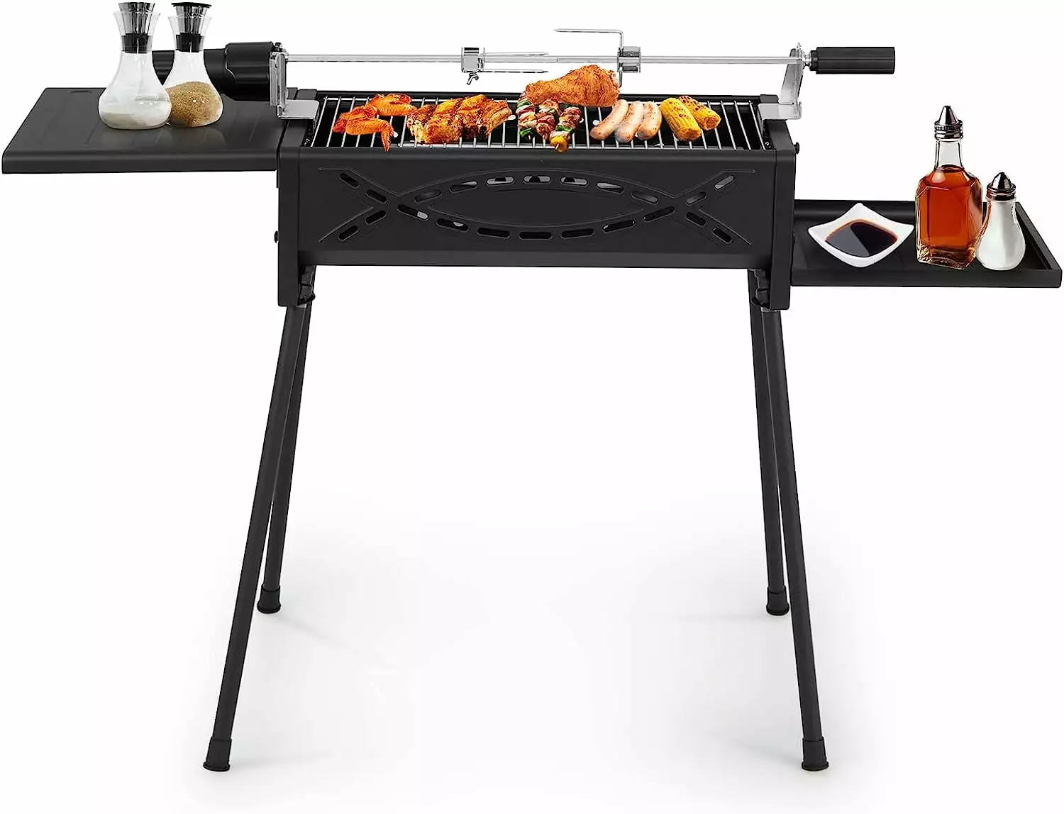 Giantex Charcoal Grill Automatic Rotisserie Kit 2 Folding Side Tables Travel-Friendly