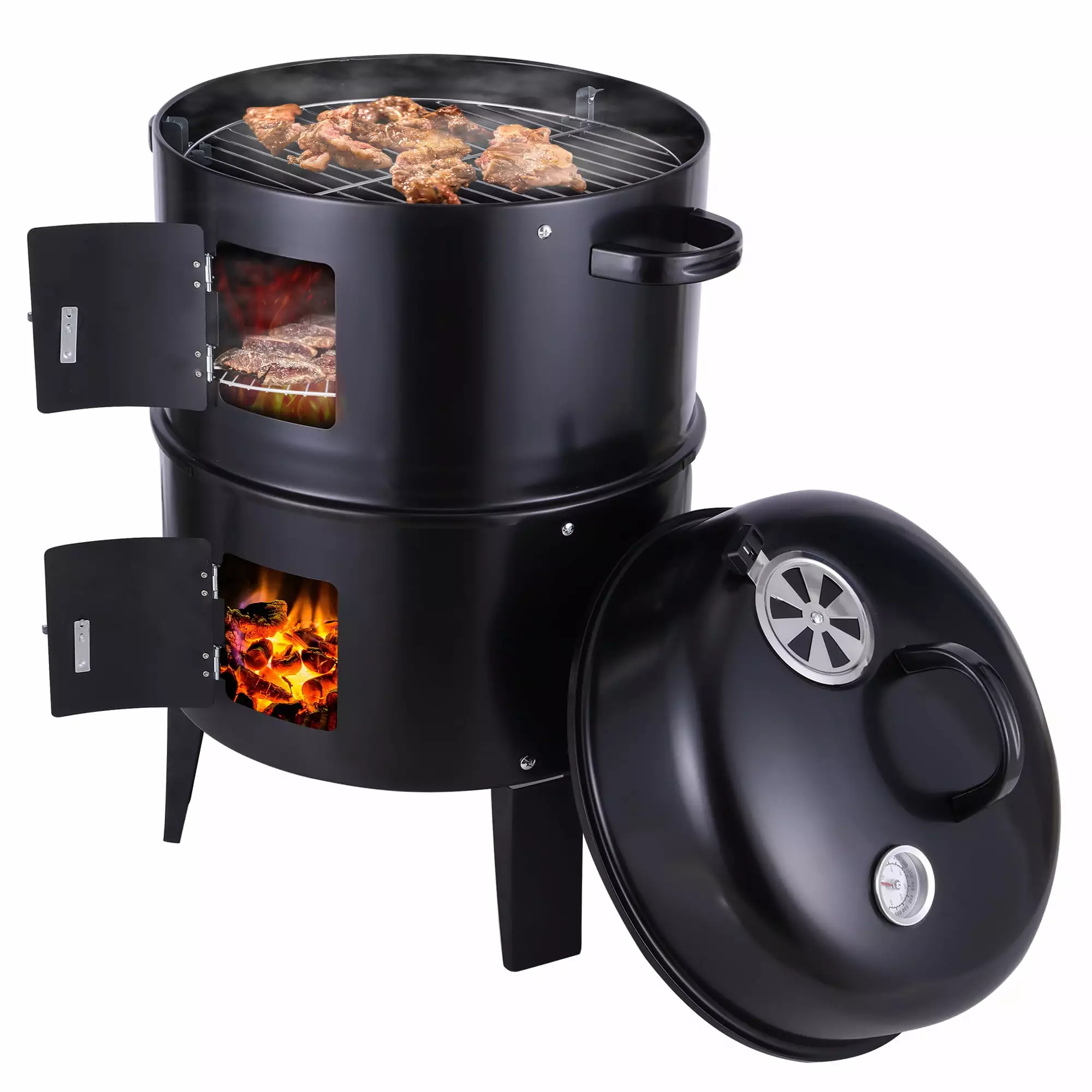 FOCUSSEXY 3--1 Vertical Charcoal BBQ Smoker Thermometer - Dual Cooking Area Round Grill Outdoor Barbecues