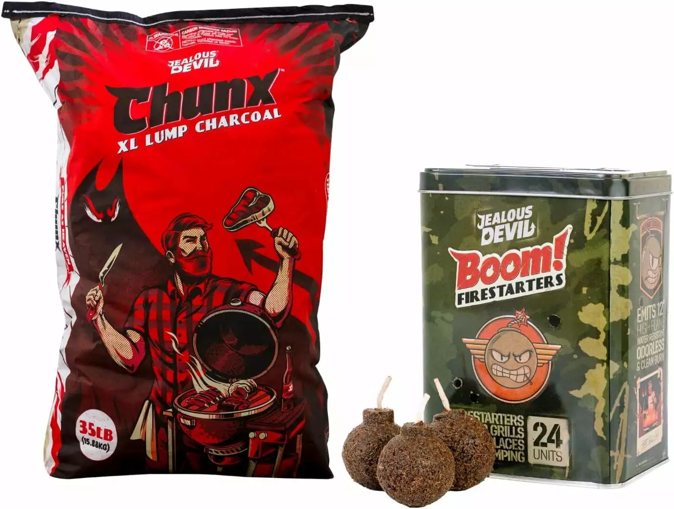 Jealous Devil 35lb Lump Charcoal 24 Pack Boom Firestarters Premium Hardwood Grilling Smoking BBQ