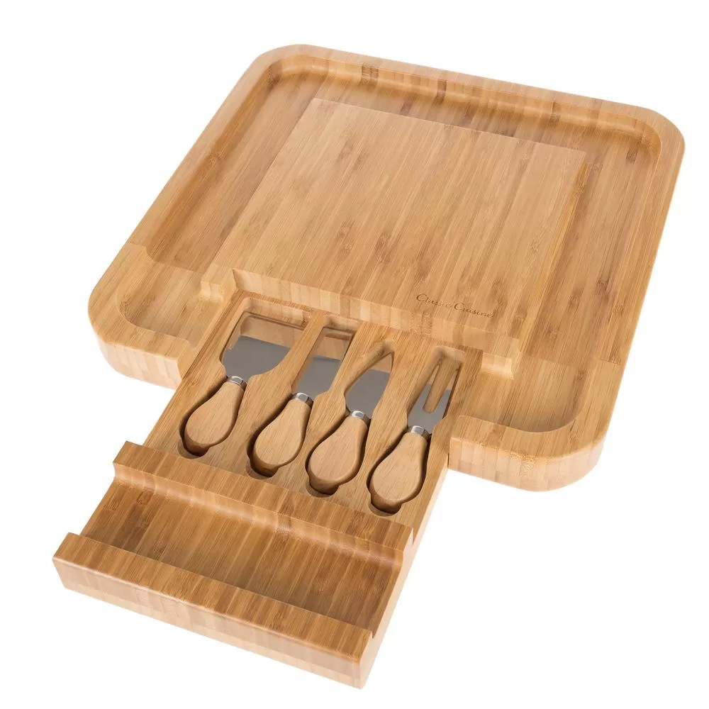 Classic Cuisine 4-Piece Bamboo Cheese Serving Tray Set Stainless Steel Cutlery