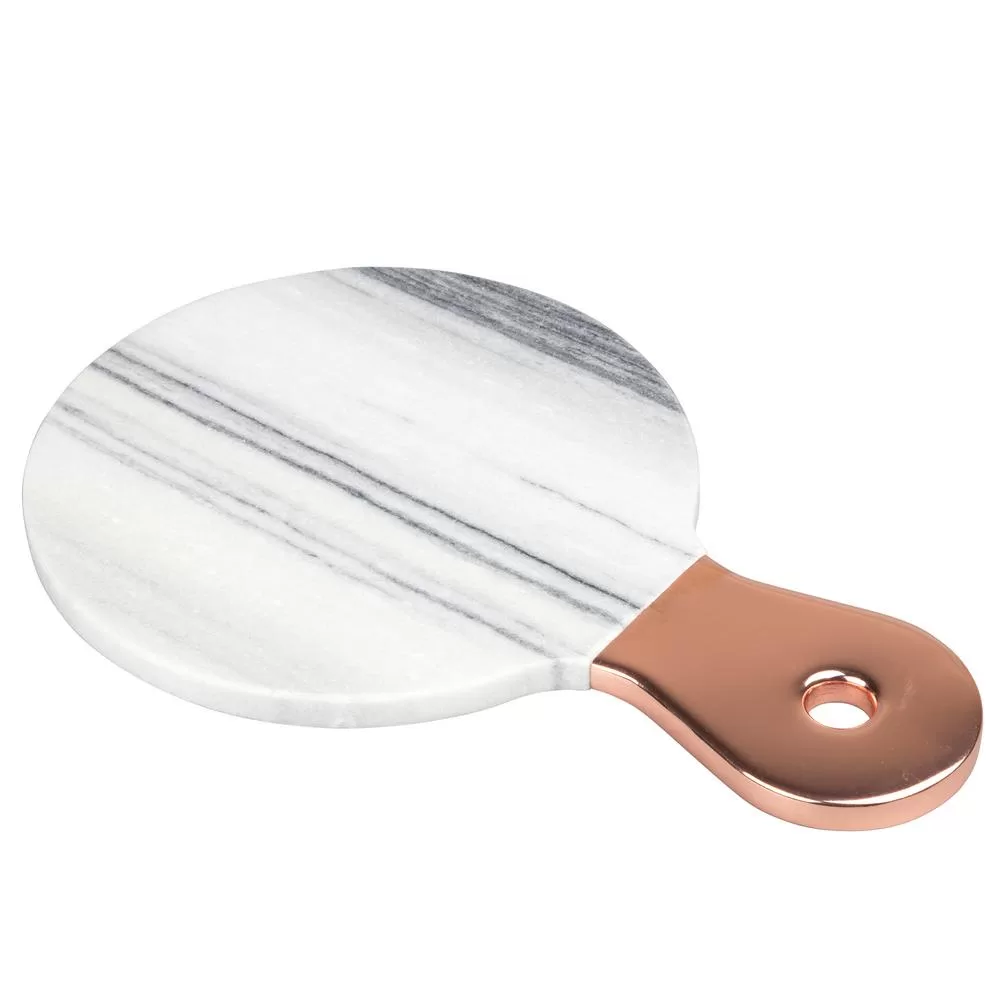 Creative Home Natural Marble 12-1/8 . x 8 . x 1/2 . H White Cheese Serving Paddle Board Stainless Steel Copper Trim Handle