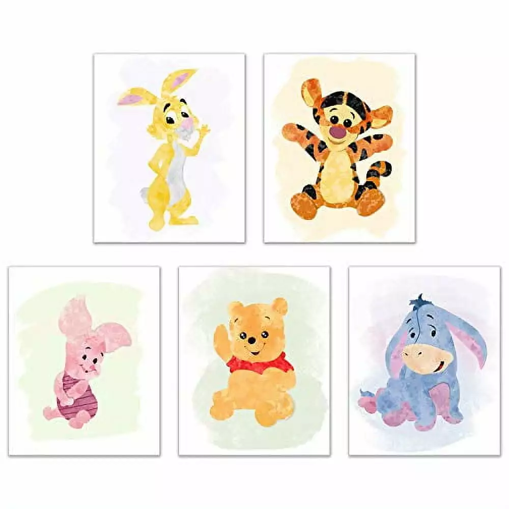 Winnie Pooh Watercolour Art Nursery Prints Set 5 Photos 8x10 Inches Piglet Tigger Eeyore Rabbit Childrens Wall Decor Bigwi...