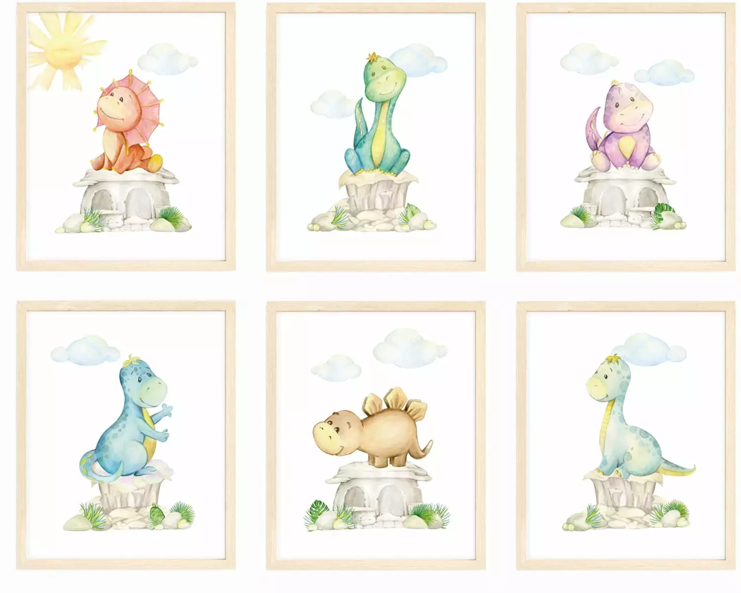 Nistio Dinosaur Nursery Wall Prints Set 6 8x10 Unframed Boys Room