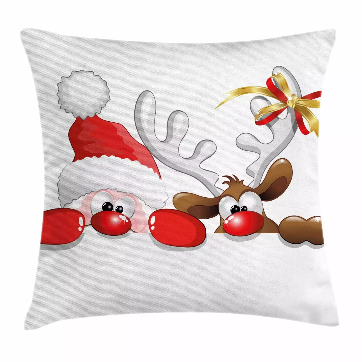 Christmas Throw Pillow Cushion Cover Funny Santa Claus and Reindeer Peeking Design 20x20 Inches Ambesonne