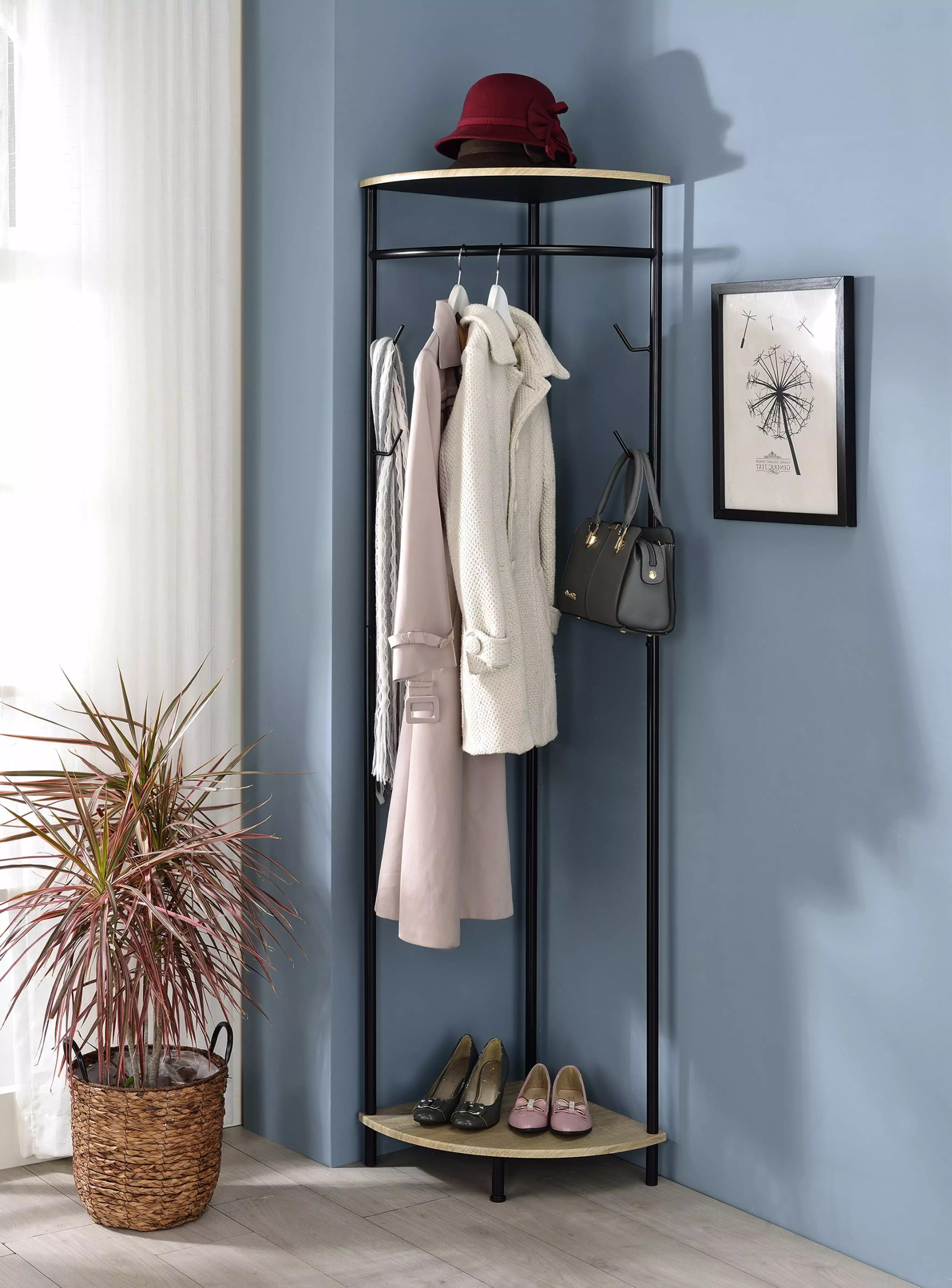 Tolbert Corner Hall Tree Coat Rack Storage Shelves Black Metal Oak Wood Pilaster Designs