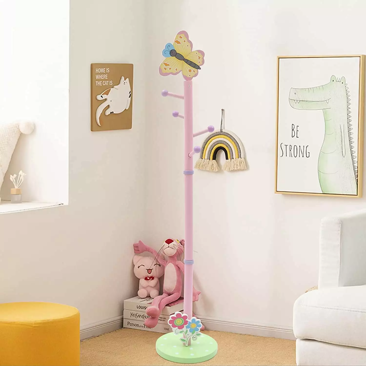 DENEST Kids Coat Rack Cartoon Butterfly Free Standing 4 Circular Hooks Bedroom