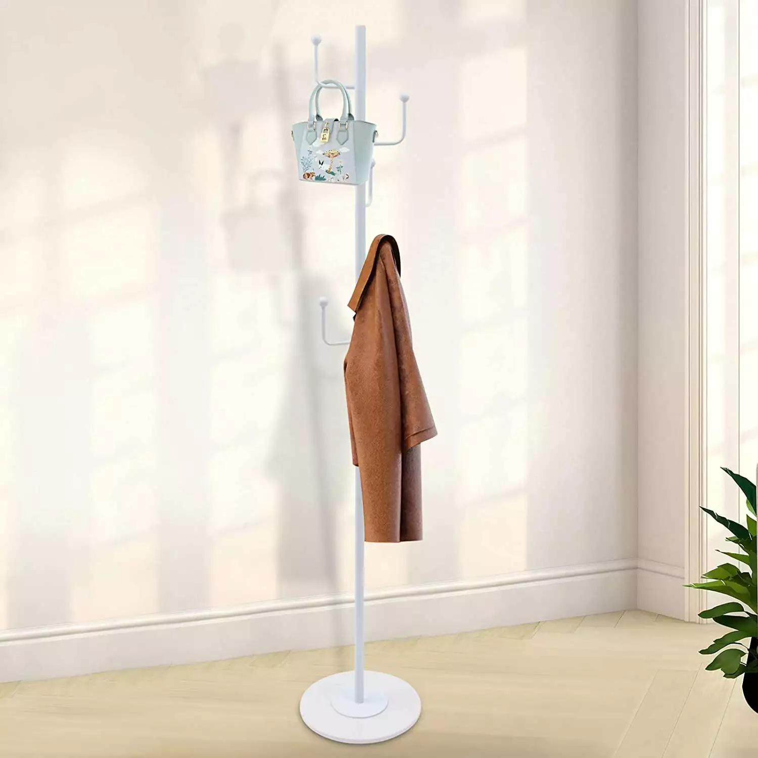 67-inch Modern Metal White Coat Arranger Stand Tree Clothes Hanger Umbrella Holder 6 Hooks Bedroom Office Flkoendmall