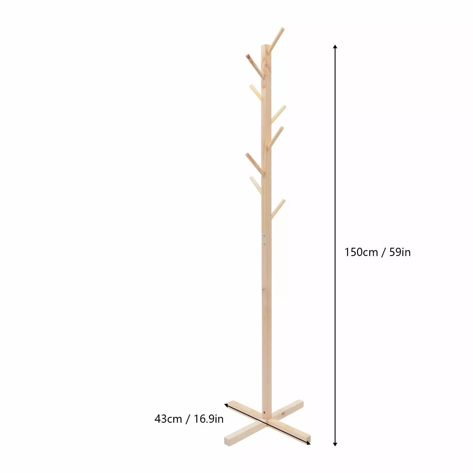 59 Inch Tall 8 Hooks Free Standing Solid Wood Coat Rack Stand Hats Bags and Umbrellas HiKaRiGuMi