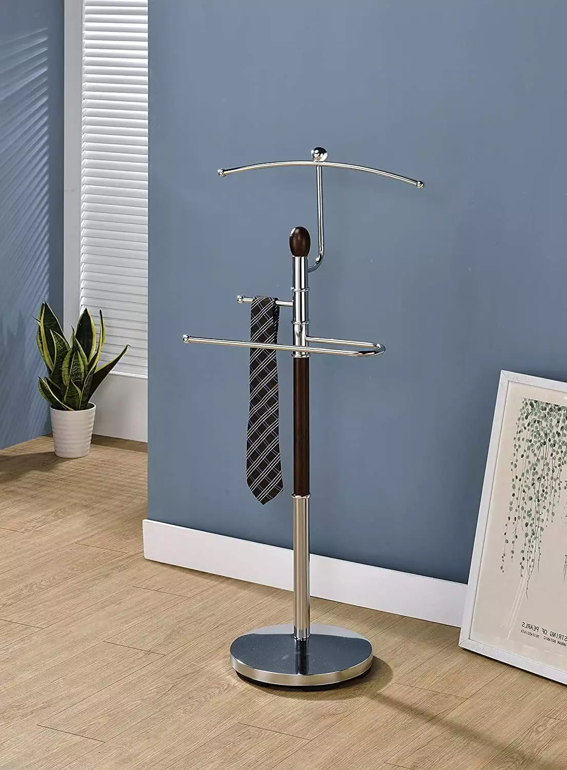 Chrome & Walnut Metal & Wood Coat & Hat Suit Valet Stand Arranger Rack Pilaster Designs