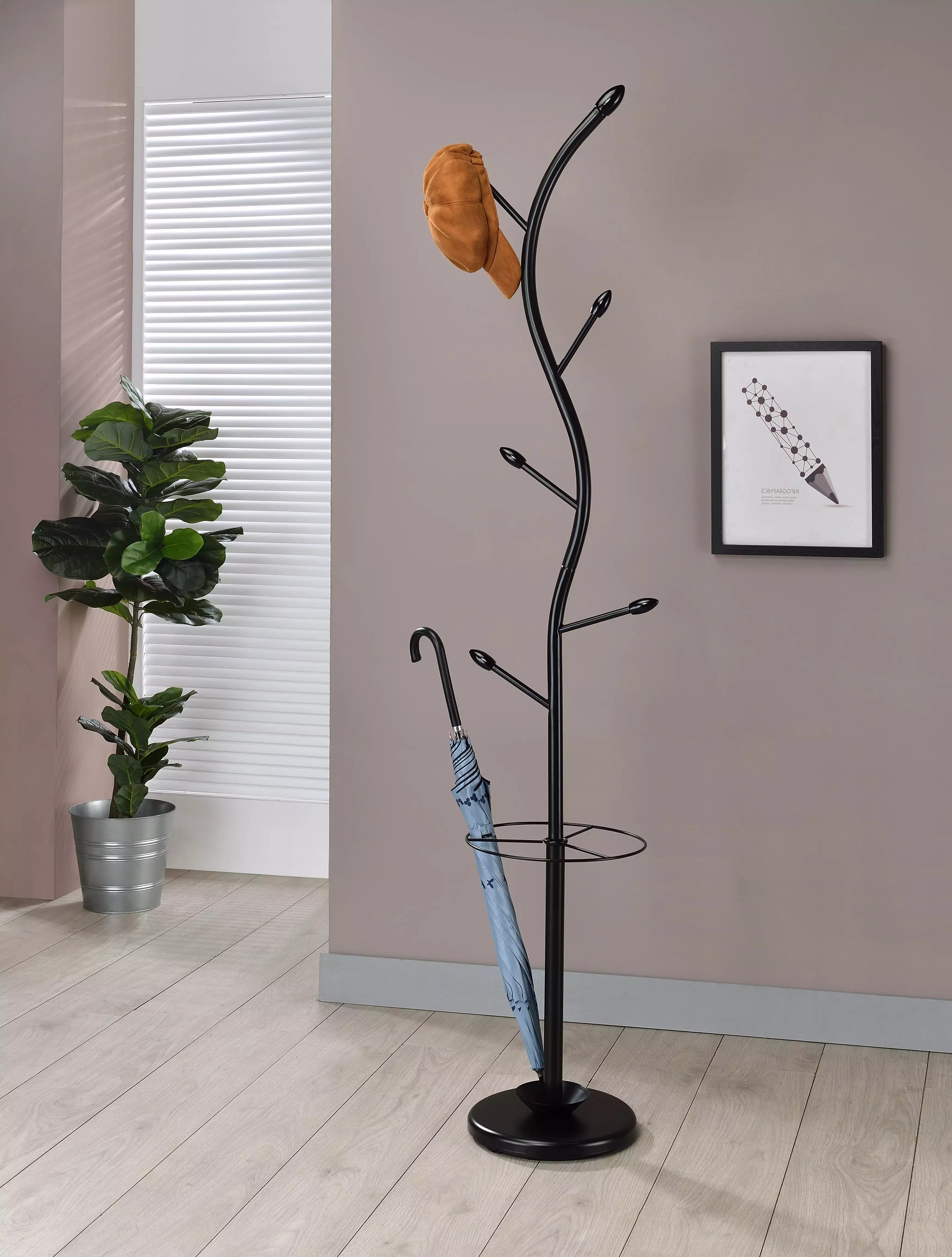 Minerva Freestanding Entryway Coat & Hat Rack Umbrella Holder Black Metal Wooden Tips Pilaster Designs