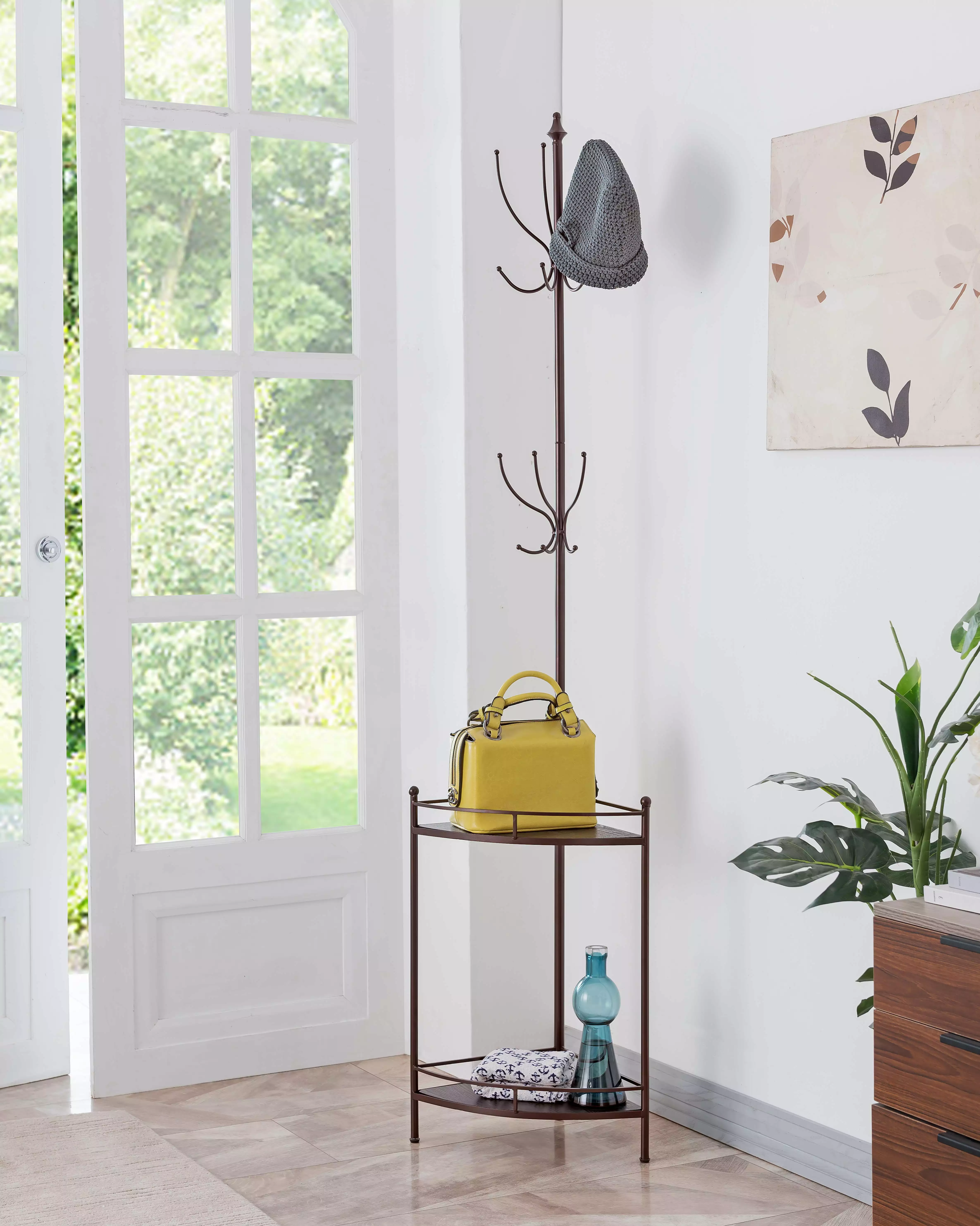 Yolanda 12 Hook Corner Coat & Hat Rack Bronze Metal & Wood Transitional Style Pilaster Designs