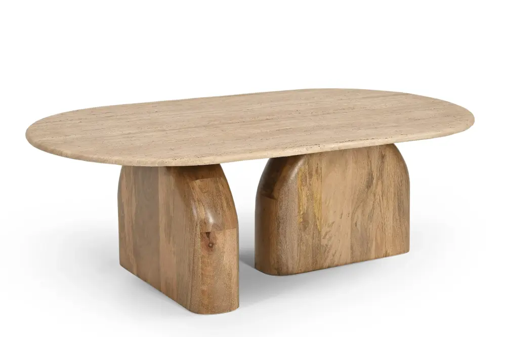 Modrest Kellison - Contemporary Travertine Marble + Wood Oval Coffee Table