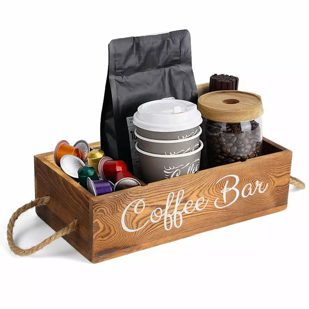 Coffee Bar Organizer Wood Coffee Station 3 Removable Dividers Pods Cups Straws Coofit
