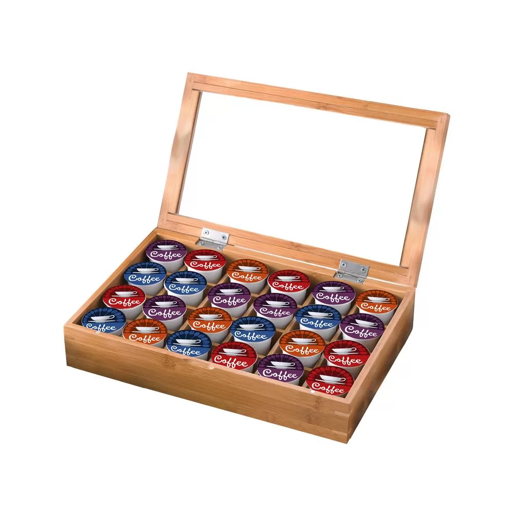 Creative Home Natural Bamboo Single Serve Coffee Pod Holder Organizer Acrylic Cover