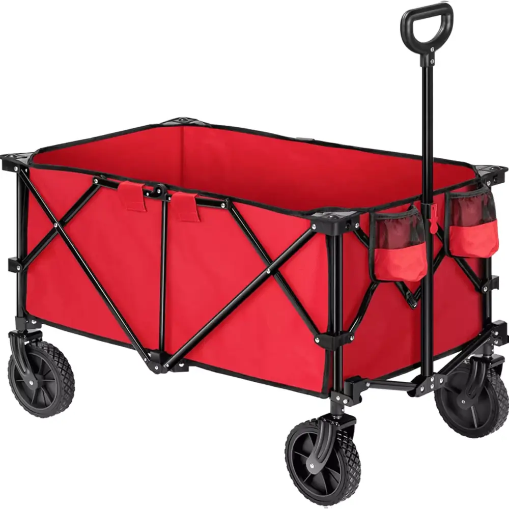 Collapsible Wagon Cart Universal Wide Wheels Adjustable Handle 176Lbs Capacity Red Heavy Duty Outdoor Utility Wagon
