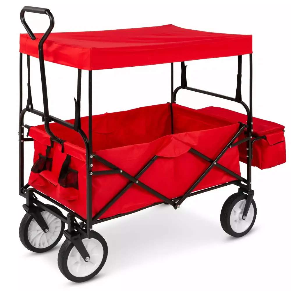 Best Choice Products Collapsible Folding Outdoor Utility Wagon Canopy Garden Cart Removable Canopy Red