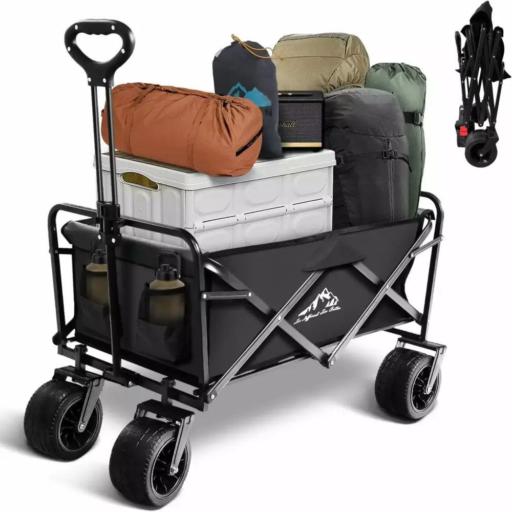 Collapsible Folding Wagon Heavy Duty Utility Grocery Wagon Two Drink Holders Camping Shopping Sports Gray