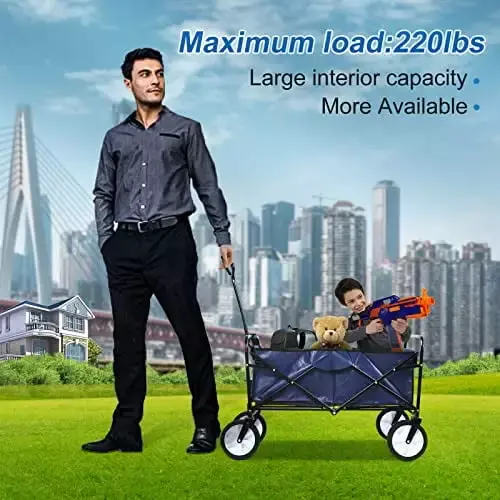 YSSOA Rolling Collapsible Garden Cart Camping Wagon 360 Degree Swivel Wheels Adjustable Handle 220lb Capacity Blue Garden