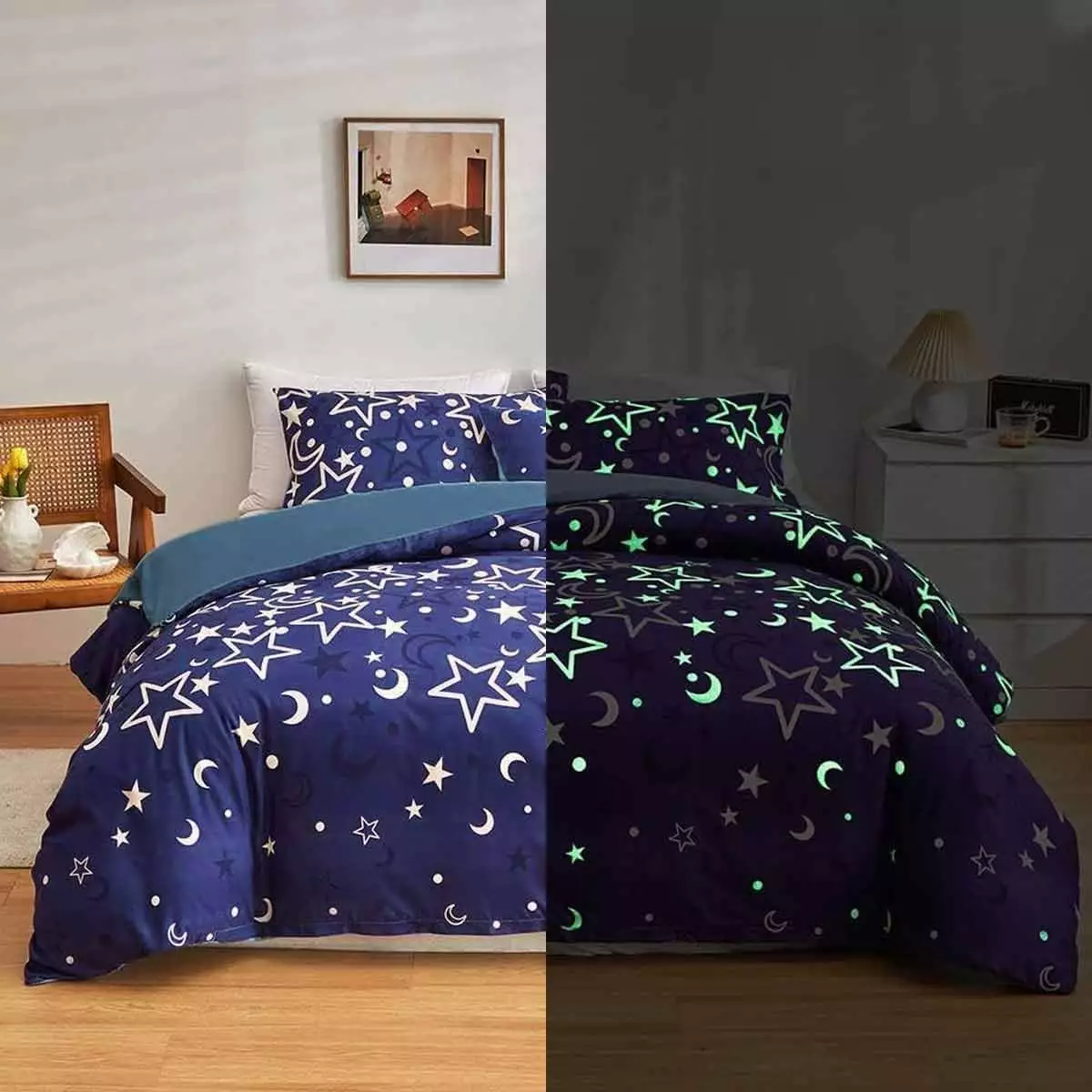 Galaxy Glow Dark Easeer Set Queen Purple Universe Stars Moon Bedding Girls HDGF1BH2
