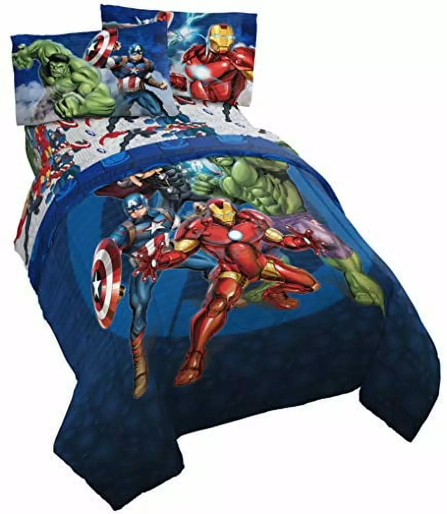 Avengers Gatherion Cartoon Superhero 5 Pieces Kids Full Bed Set 100% Microfiber Blue Marvel Jay Franco