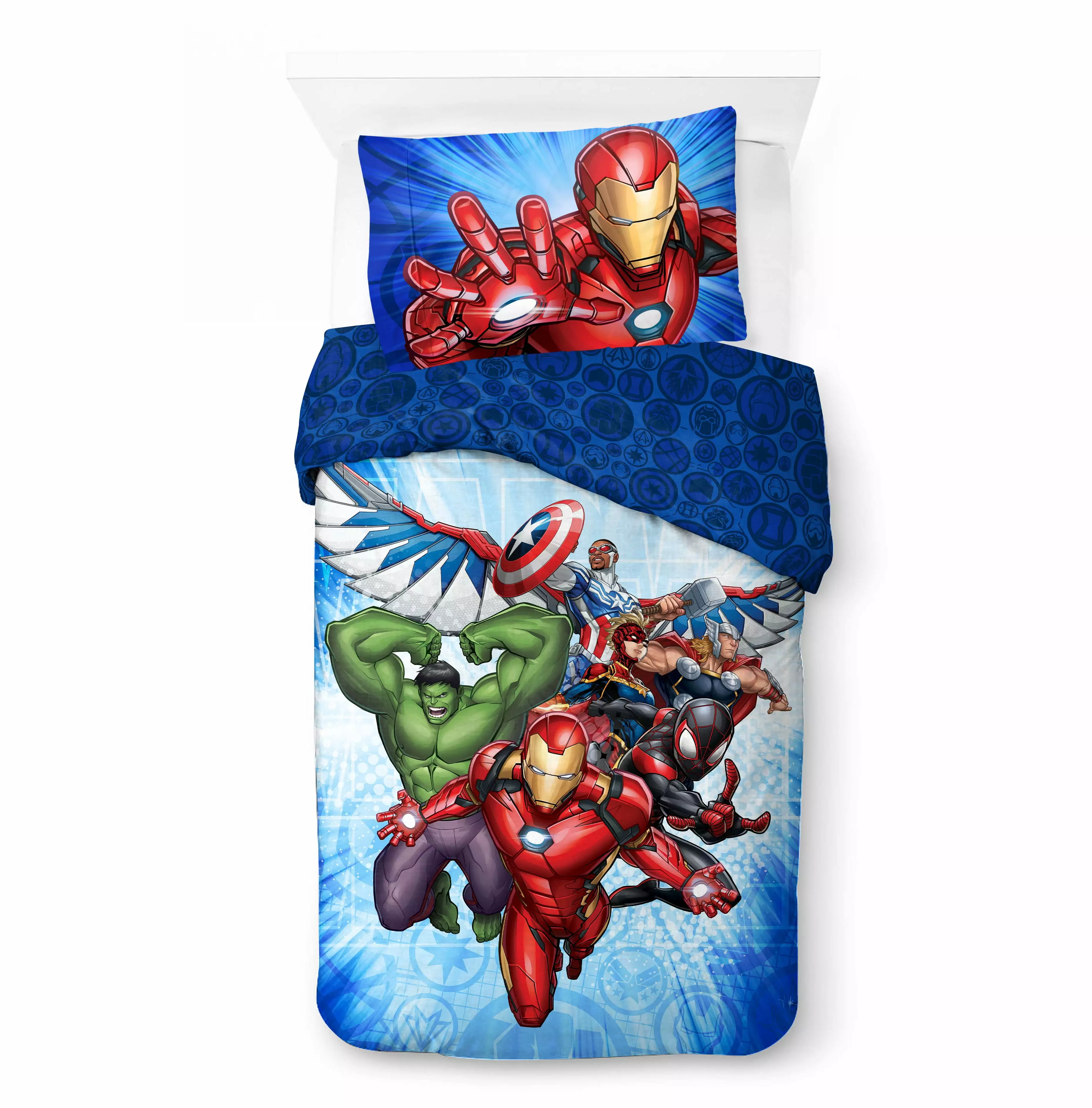 Avengers 2-Piece Twin/Full Reversible Comforter and Pillowcase Bedding Set Microfiber Blue Marvel