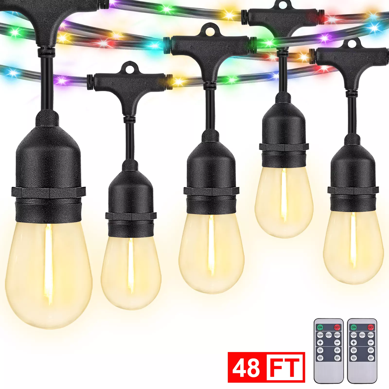 48FT Outdoor String Lights Patio Vintage Garden Yard Commercial Grade Waterproof RGB AVV