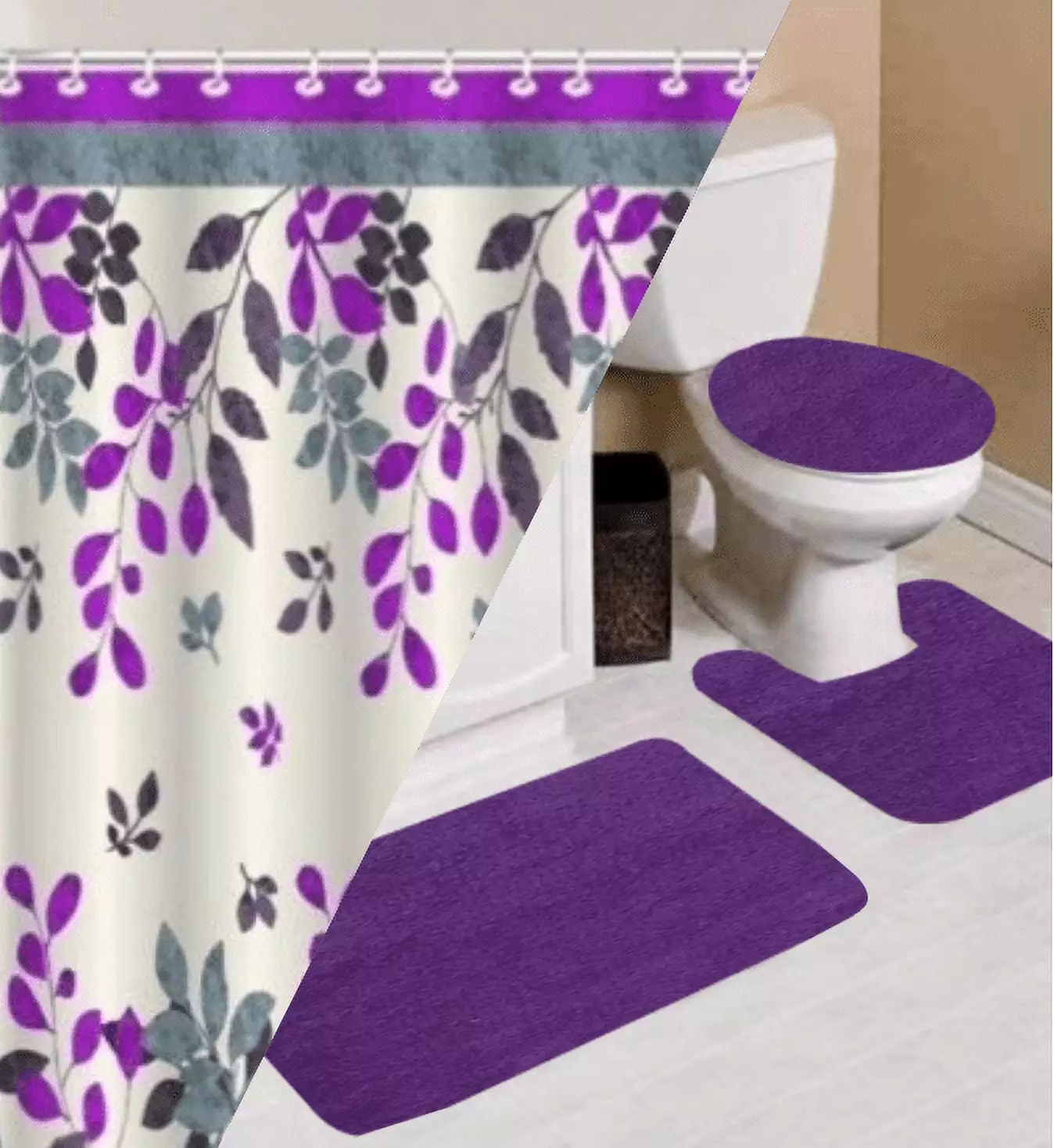 16PC Mosaic Purple Complete Bathroom Mat Shower Curtain Hooks Set Modern New Design Home Decor SAMIMPORT-2011