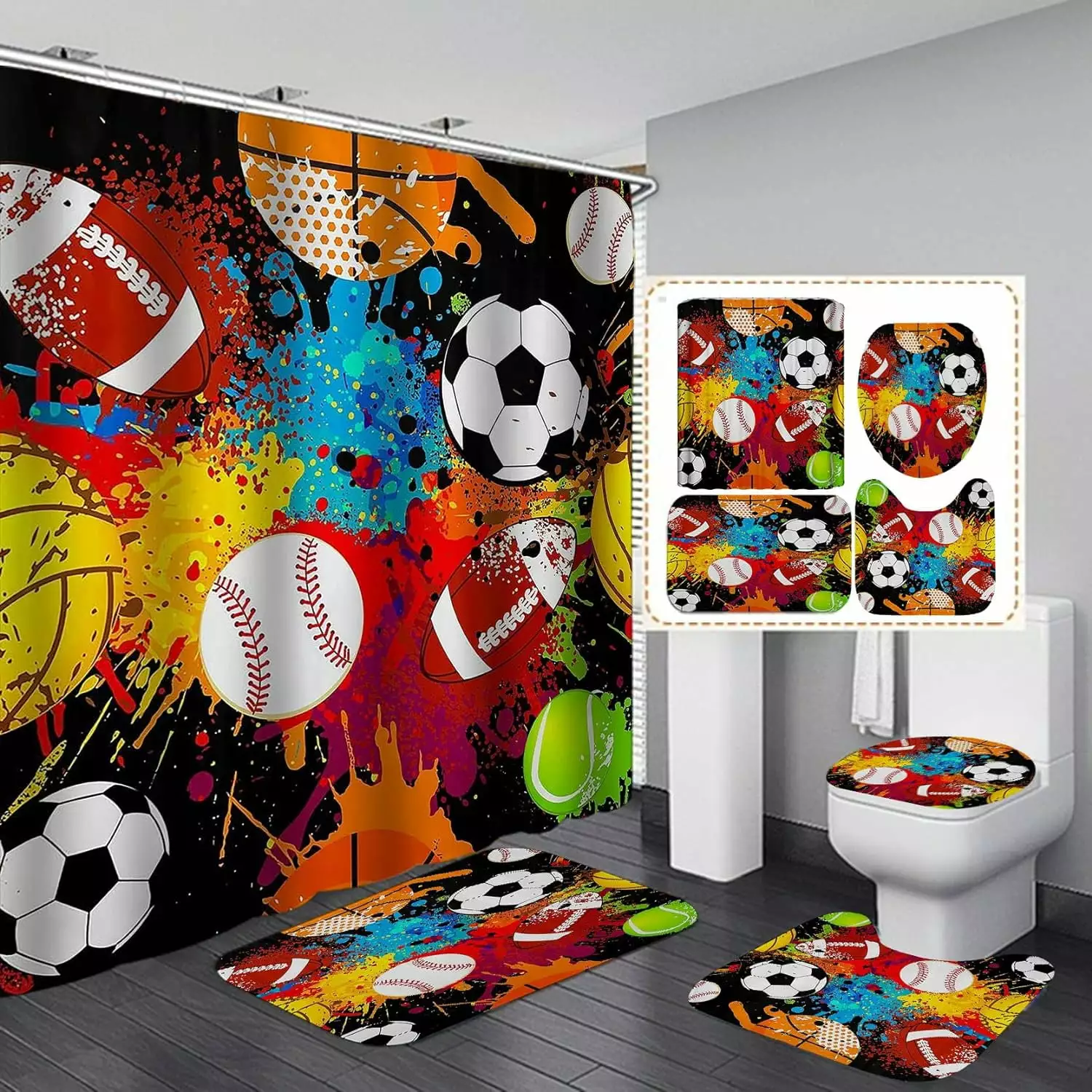 4PCS Sports Shower Curtain Set Water Fire Basketball Soccer Baseball American Football Cool Men Teen Boys Bathroom Decor W...